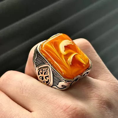 Silver Amber Ring Large Men Amber Ring Square Men Amber Ring  Turkish Silver • $155