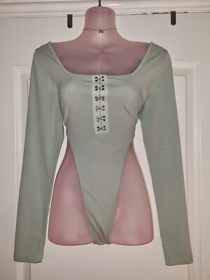 £0.99 • Buy *shein* Gorgeous Sage Green Super High Cut Long Sleeve Body Suit Top Night Out