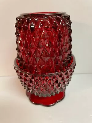 Vtg Indiana Glass Ruby Red Diamond Point Fairy Lamp Unused In Original Box • $34