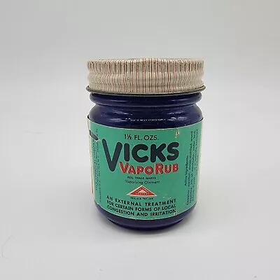 Vicks VapoRub Jar Cobalt Blue Glass Bottle W Label & Red White Tin Cap • $15