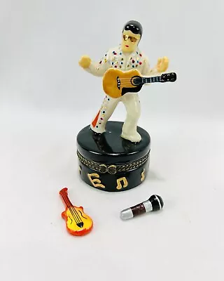 Elvis Presley Trinket Porcelain Box Mini Hinged W/ Guitar Microphone Rock N Roll • $27