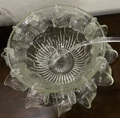 Vintage Indiana Glass Princess Crystal Punch Bowl Clear Grapes Leaves 27 Piece • $40