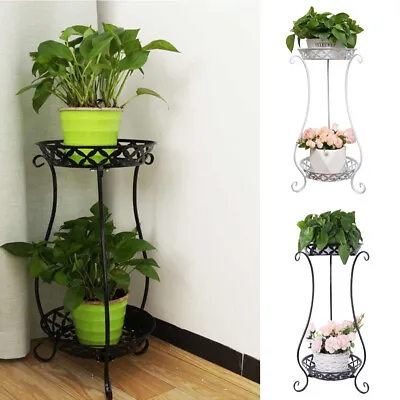 2 Tier Metal Iron Flower Plant Pot Display Stand Shelf Garden 64cm Tall Outdoor • £8.94