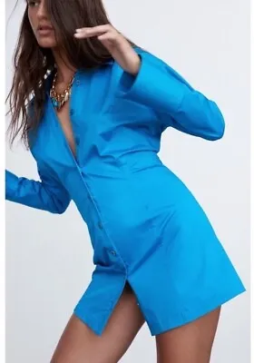 Zara Blogger Fav Blue Button Down Cinched Waist Shirt Dress Flare Sleeves Medium • $28