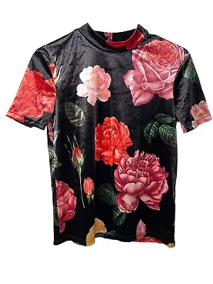 $17 • Buy Zara Trafaluc Women's Top Size Small Shiny Black Floral Crushed Velvet Mock Neck