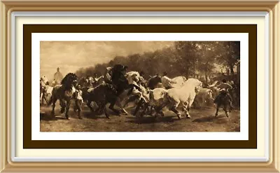 Original Old Antique ROSA BONHEUR Equestrian Art Print HORSE FAIR Wild Stallions • £5.50