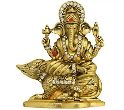 Ganapati Sitting On Mouse Metal Golden Idol H-3  • $9.99