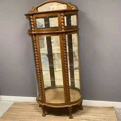 Oak China Cabinet W Additional Top Storage Glass Front Rope Turned Trim Mirrored • $1200