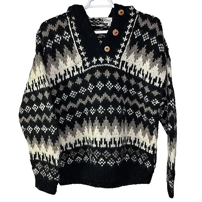 Vintage Del Mundo Men's XL Hoodie 100% Wool Made In Nepal Colorwork Knit Heavy • $63.74