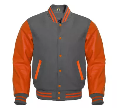 Varsity Jacket In Gray Wool Body & Orange Leather Sleeves Letterman Jacket • $99.99