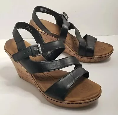 B.o.c Born Black Leather Slingback Cork Wedge Strappy Sandals Womens Size 8M • $19.95