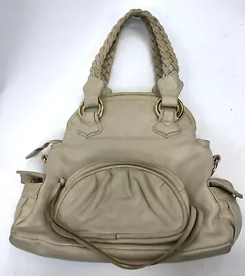 $26.99 • Buy Vintage 14  TREESJE Cream Leather Pocket Flap Bucket Satchel Shoulder Bag Purse