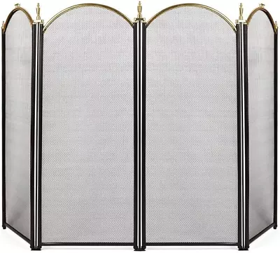 Decorative Gold Fireplace Screen 4 Panel Folding Ornate Wrought Iron Black Metal • $75.05
