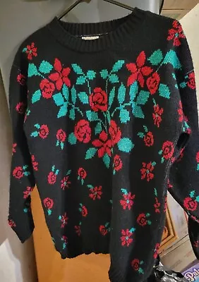 VTG GFC 80s Rose/Floral Sweater Metallic Womens Retro Black USA M • $28