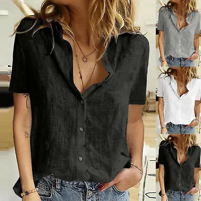 Women Summer V Neck Office T Shirt Solid Casual Loose Blouse Short Sleeve Tops • $23.21