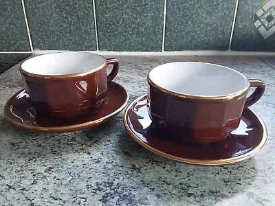 Apilco Nescafe Cappuccino Set Of 2 Brown Cups And Saucers Witth Gold Edging • £19.99