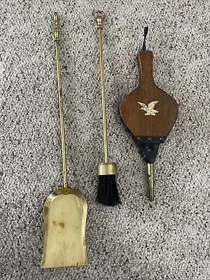 Vintage MCM Wood Brass Fireplace 3 Piece Tool Set Modern Mid Century 26” Eagle • $99