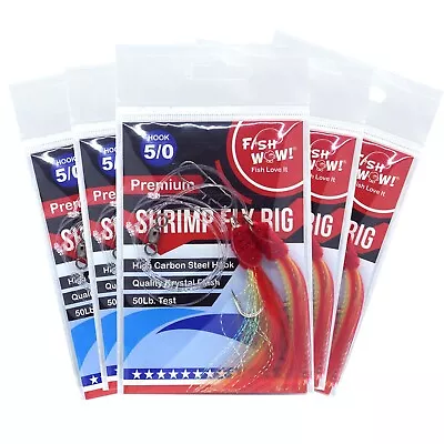 5 Packs 5/0 Fishing Shrimp Fly Rig Krystal Flash Rockfish Rock Cod Yellow Red  • $11.88