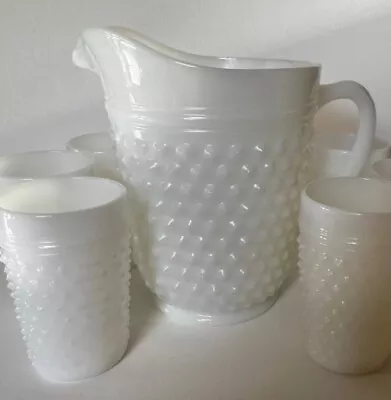 Hobnail Milk Glass Pitcher With 6 Matching Glasses 1950's • $31.99