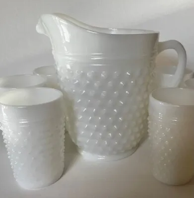 Vintage 1950's Anchor Hocking Hobnail Milk Glass Pitcher & 6 Matching Tumblers • $21.99