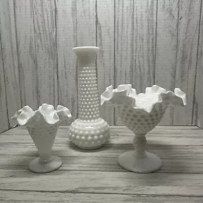 3 Vtg Fenton Ruffled Hobnail Milk Glass Crimped Candy Dish Vase Pedestal Bowl • $19.88