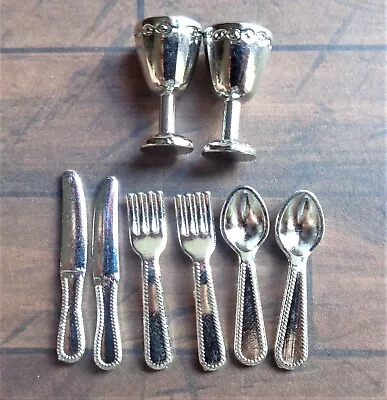 1:12 Dolls House Miniature: 2/4 Setting Cutlery Set & Wine Goblets (Gold/Silver) • £4.75