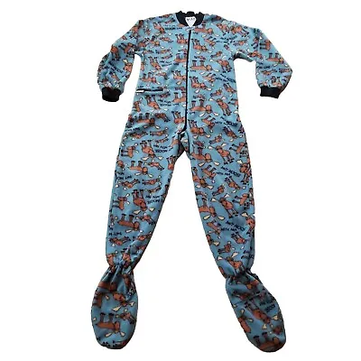 LAZY ONE SMALL Blue Fleece Pajamas DON'T MOOSE WITH ME Footie Pocket Butt Flap • $22.77