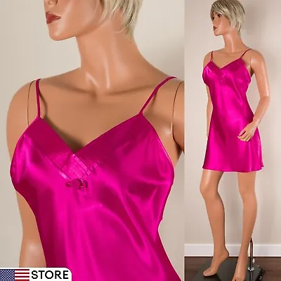 $23.99 • Buy VAL MODE Fucsia Pink Nightgown Babydoll Negligee Shiny Satin Spaghetti Strap S