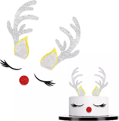 Christmas Reindeer Cake Topper Deer Eyelashes Nose Ear Antler Picks For Merry Ch • $14.99