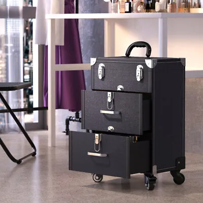 Makeup Trolley Case On Wheels Beauty Vanity Case Box Cosmetic Drawers Organiser • £59.95