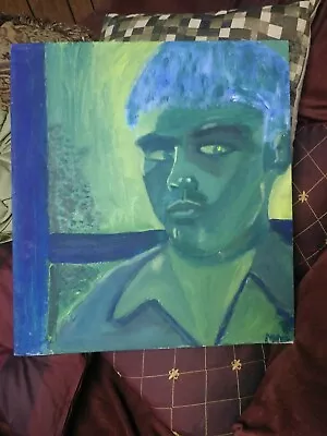 Original Art Expressionistic Portrait Painting Man Boy Blue Hair Vintage Signed • $48