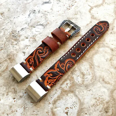 $75.67 • Buy Brown And Orange Embossed Handmade Leather Watch Band Strap For Fitbit Charge 2