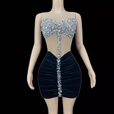 2022Women Sexy Sparkly Pearls Rhinestone Transparent Velvet Dress Evening  Dress • $102.88