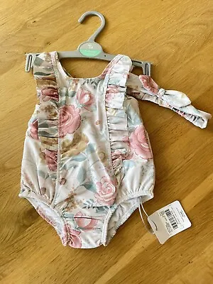 Baby Swimwear Integrated Nappy & Headband Set Cream Floral Size 3-6 Months New • £6.50