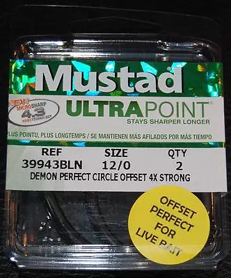 2 Pack Mustad 39943BLN-120 Ultra Point Size 12/0 4X Strong Demon Circle Hook • $8.89
