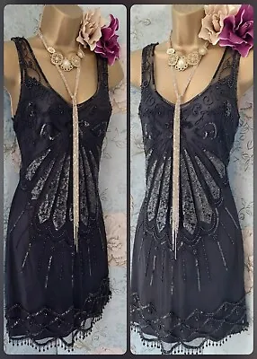 Oasis Black Lace 20s Deco Flapper Gatsby Beaded Dress Occasion Evening Party 12 • £59