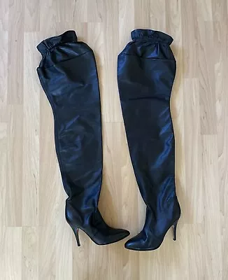 Vintage Black Leather Thigh High Boots Women’s Size 8 High Heel • $250