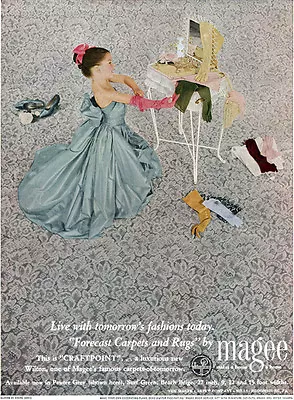 Young Girl Trying On Mom's Andre David Gloves CRAFTPOINT MAGEE CARPET 1950 Ad • $18.99