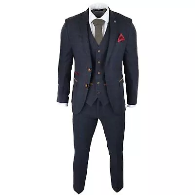 Mens Herringbone Tweed 3 Piece Navy Red Check Suit Vintage 1920s Tailored Fit • $303.17