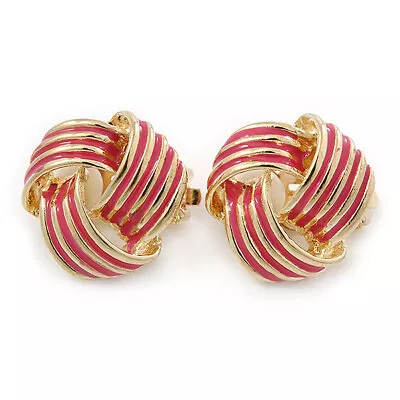 Gold Tone Pink Enamel 'Knot' Clip On Earrings - 18mm D • £9.90