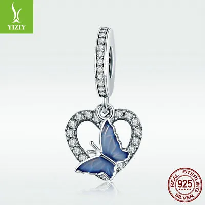 Authentic 925 Sterling Silver Bead Blue Butterfly Charm CZ Pendant For Bracelet • $12.69