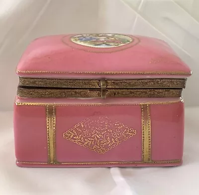 VINTAGE PINK PORCELAIN HINGED DRESSER JEWELRY BOX CASKET GILT METAL FRAME 4”x3” • $55