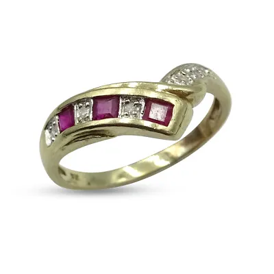 9ct Gold Ruby Ring Natural Diamond Princess Natural V Shaped Ladies M 1/2 • $230.33