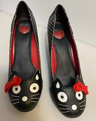 T.U.K. Black Cat Heels SIZE 9 Polka Dot With Red Bow - Vegan Leather • $31.99