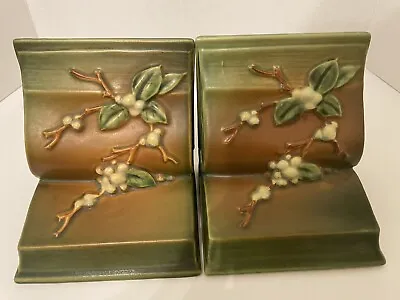 1947 Roseville Art Pottery Set Of 2 Green Snowberry Floral Bookends 1be Usa • $85