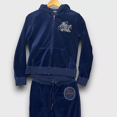 Juicy Couture Womens Large Blue Velour Beauty & The Beast Rose Beaded Track Suit • $124.99