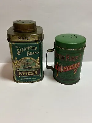Vintage Salt & Pepper Shaker Old English Tins Steamship Brand & Elton Kirby’s • $8.99