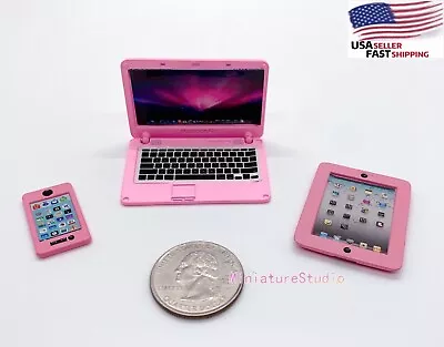 3PCS Dollhouse Miniature 1:12 Laptop IPhone IPad Barbie Computer MacBook PINK • $11.92