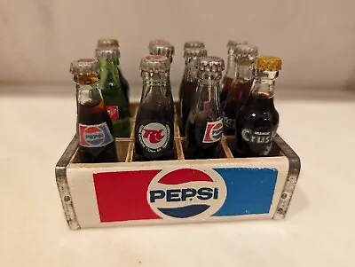 12 Vtg Pepsi Wood Crate Mini Glass Soda Bottles 3  7Up RC Coca Cola Crush Full • $77.99