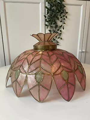 Antique Large Pink Capiz Shell Scalloped Ceiling Shade Gold Bohemian Art Deco • £150
